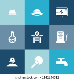Modern, simple vector icon set on colorful blue backgrounds with cap, culture, technology, table, sport, sign, station, medicine, spaceship, fuel, health, asian, exploration, percussion, science icons