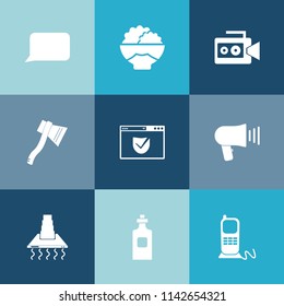 Modern, simple vector icon set on colorful blue backgrounds with axe, rice, beverage, website, video, bubble, tool, movie, glass, seed, healthy, security, lens, camera, communication, speech icons