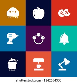 Modern, simple vector icon set on colorful flat backgrounds with apple, monster, call, table, lamp, organic, child, extraterrestrial, character, ufo, healthy, white, pot, toy, infant, fresh, red icons