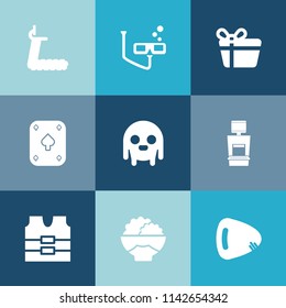 Modern, simple vector icon set on colorful blue backgrounds with machine, white, fiction, healthy, vacation, guitar, poker, rice, snorkel, exercise, box, gym, play, underwater, musical, safety icons