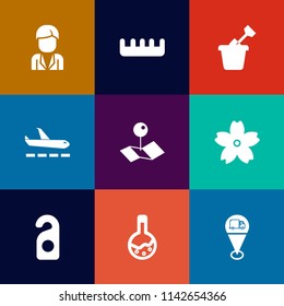 Modern, simple vector icon set on colorful flat backgrounds with plane, travel, airport, label, blossom, childhood, playground, pin, sandbox, beauty, sign, privacy, sakura, fashion, sand, casual icons
