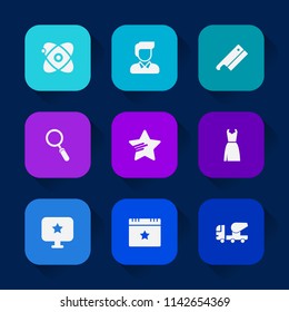 Modern, simple vector icon set on colorful long shadow backgrounds with clothing, concrete, mixer, view, female, zoom, sign, light, dress, people, beauty, magnifying, space, equipment, tool icons.