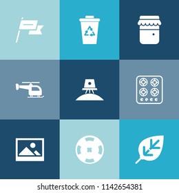 Modern, simple vector icon set on colorful blue backgrounds with poker, plant, food, cook, astronaut, leaf, art, state, oven, science, white, money, nature, recycle, trash, exploration, jam, bin icons