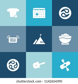 Modern, simple vector icon set on colorful blue backgrounds with musical, kayaking, internet, calendar, fashion, japanese, schedule, coffee, timetable, white, water, pattern, summer, kayak, web icons