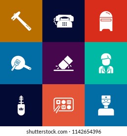 Modern, simple vector icon set on colorful flat backgrounds with pan, work, wrench, eraser, internet, repair, screwdriver, fashion, education, rubber, cooking, mail, man, mobile, post, hospital icons