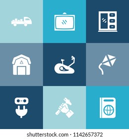 Modern, simple vector icon set on colorful blue backgrounds with transportation, media, cabinet, energy, fitness, man, power, farming, storage, kitchen, foreman, van, builder, travel, shipping icons