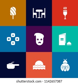 Modern, simple vector icon set on colorful flat backgrounds with ice, sunset, computer, fly, graphic, sun, interior, hipster, fashion, paper, stick, dish, cold, lady, dinner, light, fruit, style icons