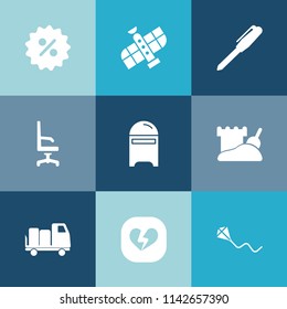 Modern, simple vector icon set on colorful blue backgrounds with sky, mail, station, pen, mailbox, envelope, science, stationery, armchair, kite, technology, price, truck, comfortable, discount icons