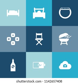 Modern, simple vector icon set on colorful blue backgrounds with seat, cooking, cloud, bedroom, fun, play, home, gadget, automobile, interior, screen, barbecue, time, technology, double, power icons