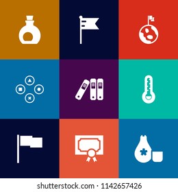 Modern, simple vector icon set on colorful flat backgrounds with national, green, japanese, flag, banner, vegetarian, certificate, folder, technology, america, game, play, sake, bottle, nature icons