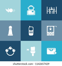 Modern, simple vector icon set on colorful blue backgrounds with bag, fun, recreation, leisure, competition, bathroom, cosmonaut, cosmos, bucket, water, stationary, baby, piece, sport, well, add icons