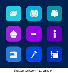 Modern, simple vector icon set on colorful long shadow backgrounds with restaurant, jam, shirt, document, drink, jar, cupcake, muffin, report, water, chocolate, internet, button, jacket, office icons.