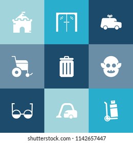 Modern, simple vector icon set on colorful blue backgrounds with shipping, palace, door, fiction, housework, fantasy, vacuum, building, alien, child, can, garbage, sign, space, handle, office icons