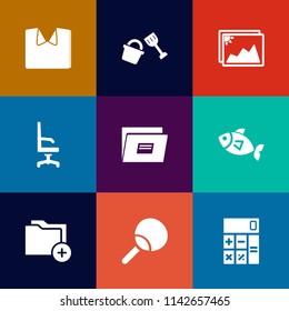 Modern, simple vector icon set on colorful flat backgrounds with new, sport, folder, shirt, equipment, leisure, ping, textile, male, image, sign, comfortable, clothing, white, style, work, photo icons