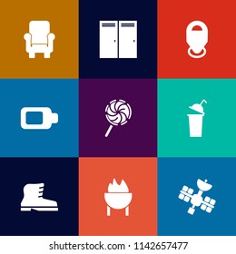 Modern, simple vector icon set on colorful flat backgrounds with lollipop, drink, interior, food, grill, house, sweet, furniture, doorway, leather, armchair, electricity, home, energy, barbecue icons