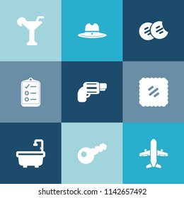 Modern, simple vector icon set on colorful blue backgrounds with country, american, west, plane, bathroom, sheriff, postage, drink, mail, travel, wild, chocolate, list, white, check, firearm icons