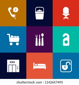 Modern, simple vector icon set on colorful flat backgrounds with office, lift, modern, call, spoon, knife, container, room, furniture, comfort, privacy, unlock, travel, open, headset, protection icons