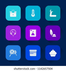 Modern, simple vector icon set on colorful long shadow backgrounds with gym, cold, ink, sound, thermometer, black, container, sport, celsius, carton, transportation, sweet, dessert, meteorology icons.