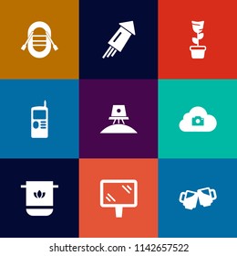 Modern, simple vector icon set on colorful flat backgrounds with vintage, space, beer, web, drink, cloth, event, science, pub, bathroom, spaceship, firework, exploration, banner, telephone, ship icons