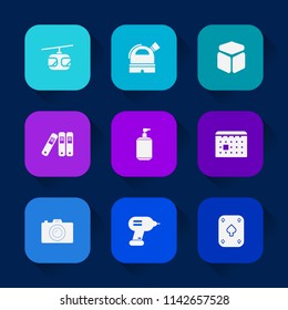 Modern, simple vector icon set on colorful long shadow backgrounds with archive, office, sky, cube, folder, timetable, time, day, file, observatory, photography, game, poker, square, play, sign icons.