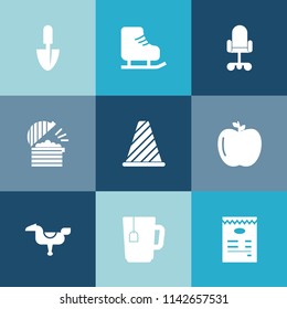 Modern, simple vector icon set on colorful blue backgrounds with skate, ice, chef, business, shovel, equipment, fresh, food, sign, sport, menu, furniture, healthy, activity, fun, cold, kid, road icons