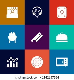 Modern, simple vector icon set on colorful flat backgrounds with music, trend, car, business, play, grocery, food, graph, buy, commerce, service, casino, customer, wheel, chart, poker, earphone icons