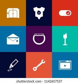 Modern, simple vector icon set on colorful flat backgrounds with clothes, watch, sign, wrench, bottle, small, letter, up, kid, web, arrow, mail, equipment, tool, technology, time, pen, office,  icons