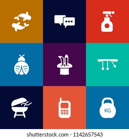 Modern, simple vector icon set on colorful flat backgrounds with fresh, heavy, chemical, kilogram, telephone, meat, fishing, dialog, magic, talk, pendulum, grill, mobile, sea, weight, fish, fly icons