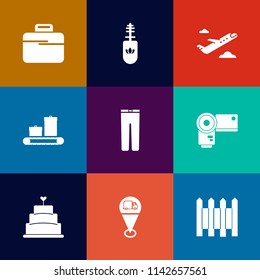 Modern, simple vector icon set on colorful flat backgrounds with travel, fashion, lash, photographer, transportation, pie, fence, eyelash, location, plane, mascara, pants, beauty, aircraft, girl icons