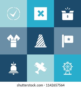 Modern, simple vector icon set on colorful blue backgrounds with flag, traffic, eye, aircraft, flight, street, airplane, national, people, carousel, pack, kimono, america, costume, shipping, yes icons