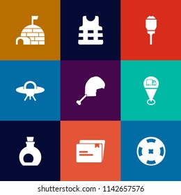 Modern, simple vector icon set on colorful flat backgrounds with oil, light, ufo, rescue, money, snow, bird, location, map, city, poker, mediterranean, sign, post, vest, electricity, food, sea icons
