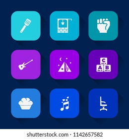 Modern, simple vector icon set on colorful long shadow backgrounds with blue, play, people, kitchen, child, musical, dessert, computer, tent, wooden, stone, comfortable, water, antique, pan icons.