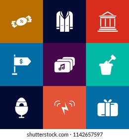 Modern, simple vector icon set on colorful flat backgrounds with energy, decoration, spring, lollipop, clothing, striped, play, sandbox, dessert, music, young, child, building, present, style icons