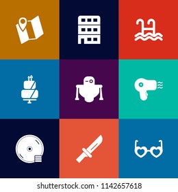 Modern, simple vector icon set on colorful flat backgrounds with water, cyborg, cd, bank, food, sign, urban, dessert, futuristic, sunglasses, house, technology, location, travel, knife, robot icons
