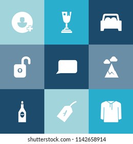 Modern, simple vector icon set on colorful blue backgrounds with first, tag, social, bubble, key, nature, jacket, champion, vehicle, alcohol, automobile, glass, win, wine, flight, award, blue icons