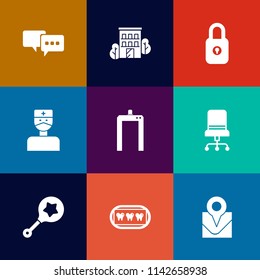 Modern, simple vector icon set on colorful flat backgrounds with communication, comfortable, city, travel, protection, infant, armchair, child, rattle, real, xray, concept, building, speech, toy icons