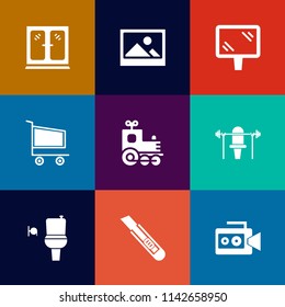 Modern, simple vector icon set on colorful flat backgrounds with wood, wc, locomotive, retail, storage, interior, road, decoration, frame, market, public, camera, bathroom, background, toy, cart icons