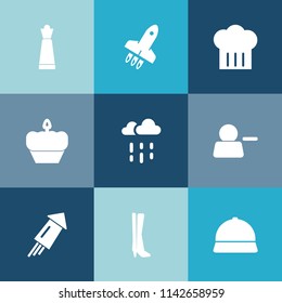 Modern, simple vector icon set on colorful blue backgrounds with holiday, strategy, cook, fashion, play, chief, wet, rainy, doughnut, festival, sign, knight, rain, water, rocket, bakery, weather icons