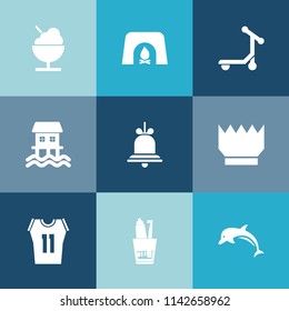 Modern, simple vector icon set on colorful blue backgrounds with crown, dessert, toothpaste, shirt, vehicle, holiday, wildlife, luxury, alarm, ocean, transport, nature, cone, cream, ride, home icons