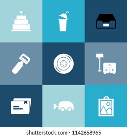 Modern, simple vector icon set on colorful blue backgrounds with coffee, tire, document, tool, car, pie, archive, beverage, sofa, pastry, sweet, file, table, dessert, information, chair, auto icons