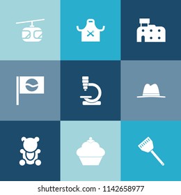 Modern, simple vector icon set on colorful blue backgrounds with building, blue, restaurant, electric, sweet, temple, sign, kitchen, railroad, cooking, railway, doughnut, japan, japanese, city icons