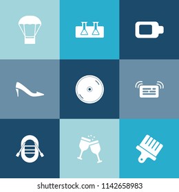 Modern, simple vector icon set on colorful blue backgrounds with boat, power, female, transport, ship, research, chemistry, brush, disc, medicine, alcohol, hot, white, sign, science, cd, energy icons