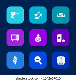 Modern, simple vector icon set on colorful long shadow backgrounds with construction, jacket, fashion, equipment, heel, oven, summer, dessert, book, hand, bug, microwave, cap, fruit, female icons.
