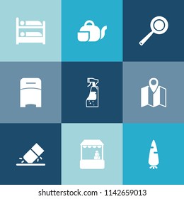 Modern, simple vector icon set on colorful blue backgrounds with furniture, drink, erase, shop, education, housework, carrot, grocery, spray, kitchen, location, cup, japanese, market, hostel icons