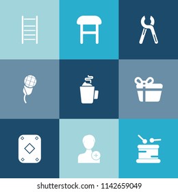 Modern, simple vector icon set on colorful blue backgrounds with comfort, human, construction, music, white, poker, drum, gift, interior, sound, add, reparation, up, audio, repair, game, cup icons