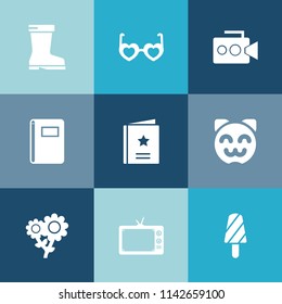 Modern, simple vector icon set on colorful blue backgrounds with cute, fruit, ice, cat, boot, technology, tv, screen, page, brown, clothing, blossom, spring, flower, favour, film, summer, asian icons