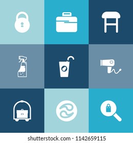 Modern, simple vector icon set on colorful blue backgrounds with hairdryer, business, fruit, female, white, hotel, protection, comfortable, interior, sign, lock, bottle, armchair, key, care, bag icons