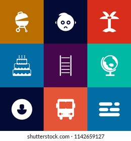 Modern, simple vector icon set on colorful flat backgrounds with transportation, world, business, barbecue, palm, plant, infant, bus, child, tree, sad, template, leaf, dessert, face, natural icons