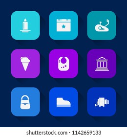 Modern, simple vector icon set on colorful long shadow backgrounds with strawberry, candle, vanilla, banking, wax, light, bike, decoration, biking, food, bank, event, flame, sweet, bicycle, bag icons.