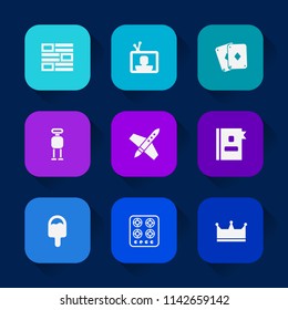 Modern, simple vector icon set on colorful long shadow backgrounds with directory, phone, black, rocket, business, oven, crown, video, play, cook, icecream, technology, news, futuristic, craft icons.